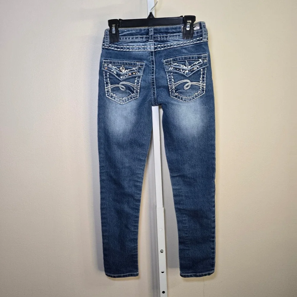 Justice Premium Jeans Girls 8R Super Skinny Simply Low Medium Wash Embellished